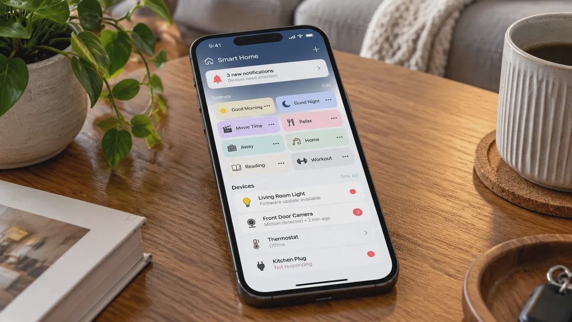 Impressive features often become digital clutter. Cluttered smart home app showing rarely used features