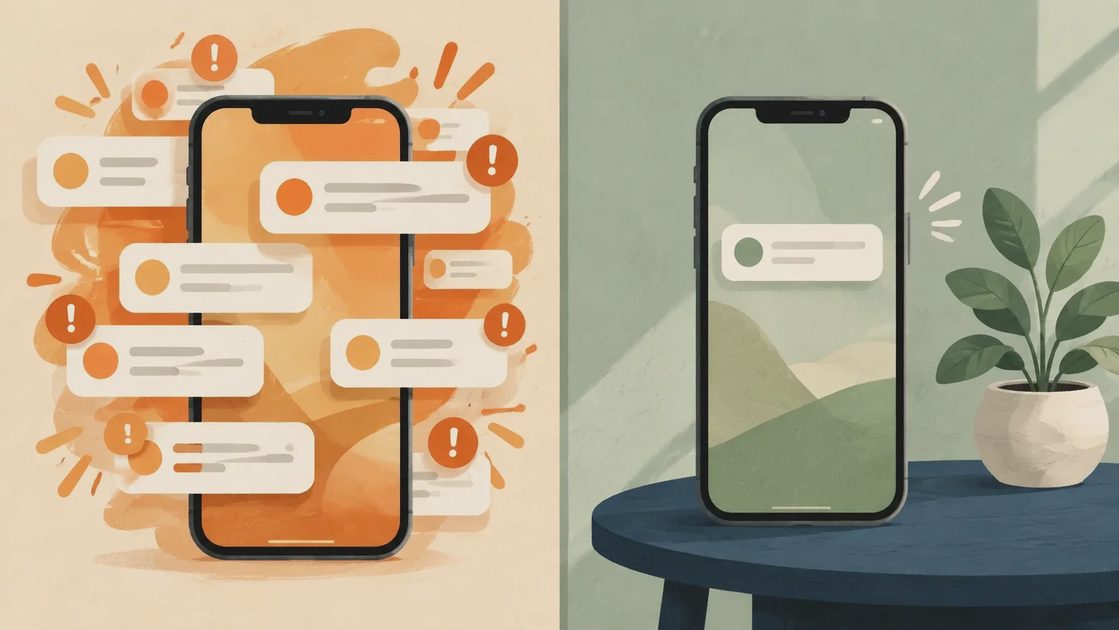 Fewer Notifications, Fewer Interruptions: Before and After Side-by-side illustration of a smartphone crowded with notification bubbles beside a calm phone with a single notification