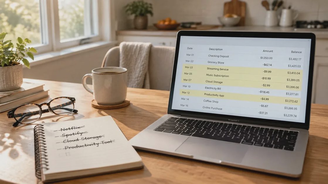 A clear view of what is actually leaving the account each month Simple household subscription audit on a kitchen table with crossed-out service names