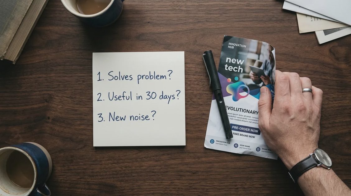 A top-down view of a dark wooden desk with a sticky note featuring three handwritten questions used to filter impulse tech purchases.