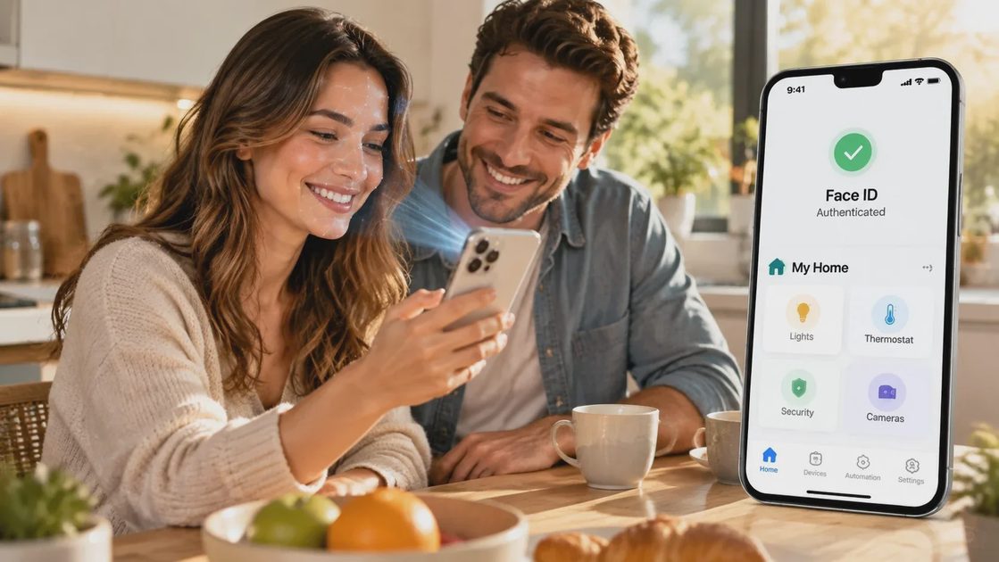 A Family Password System That Actually Works Two adults calmly using a shared smartphone app together on a living room sofa, representing a working family system.