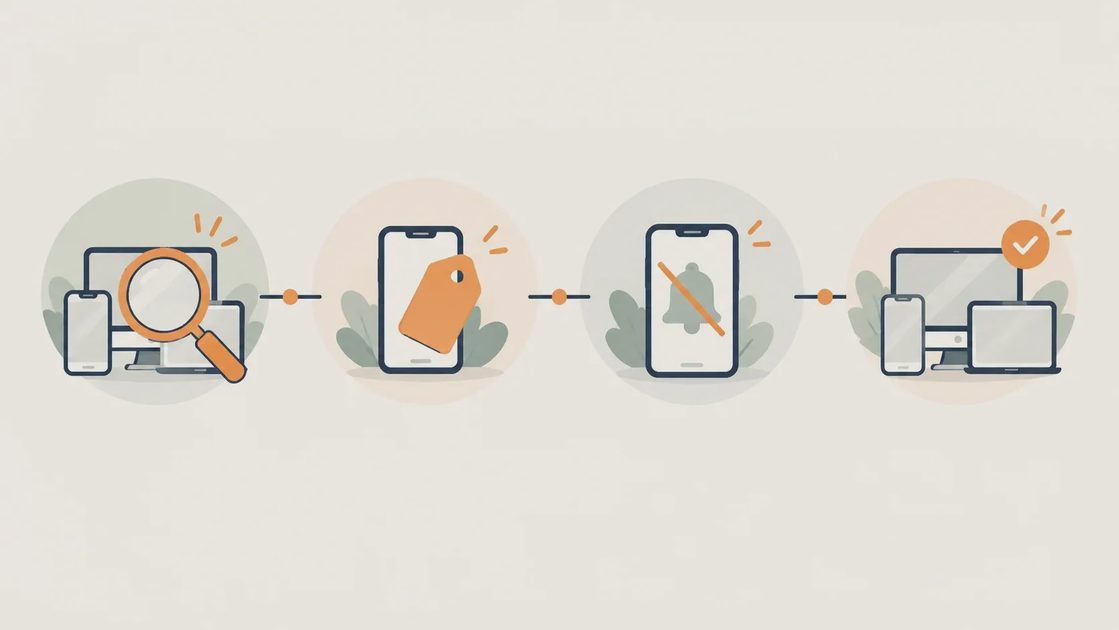 The 30-Day Device Audit: Inventory, Assign, Simplify, Test Four-step illustrated timeline of a 30-day device audit: inventory devices, assign one job each, turn down notifications, and test the reduced stack