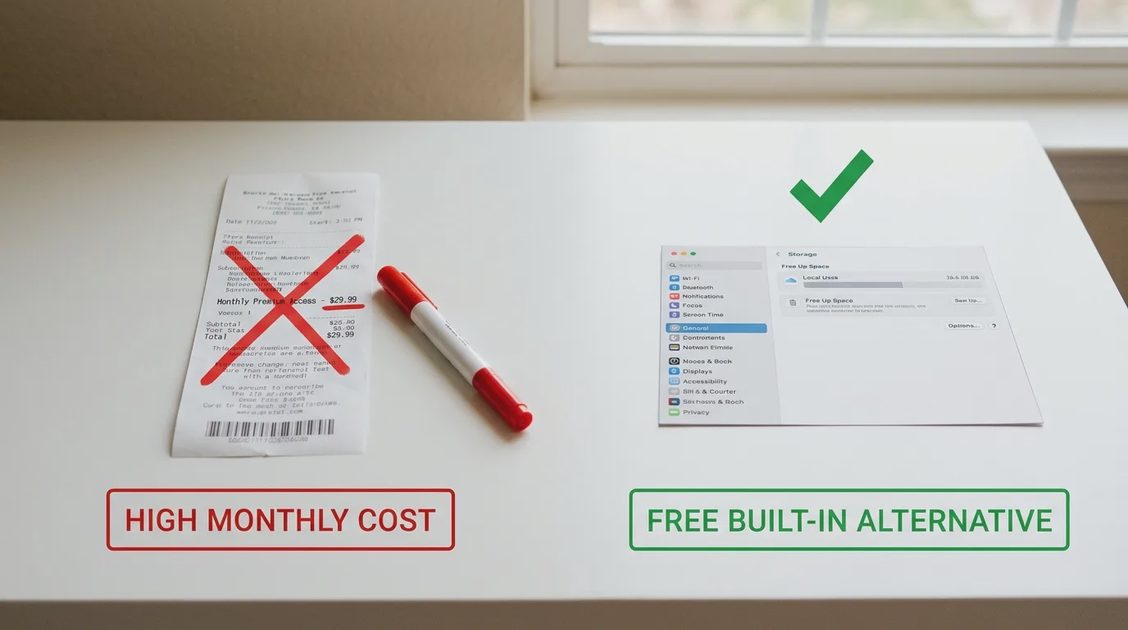 A desk photo showing a paid subscription receipt crossed out in red next to a free built-in setting, showing how to avoid unnecessary purchases.