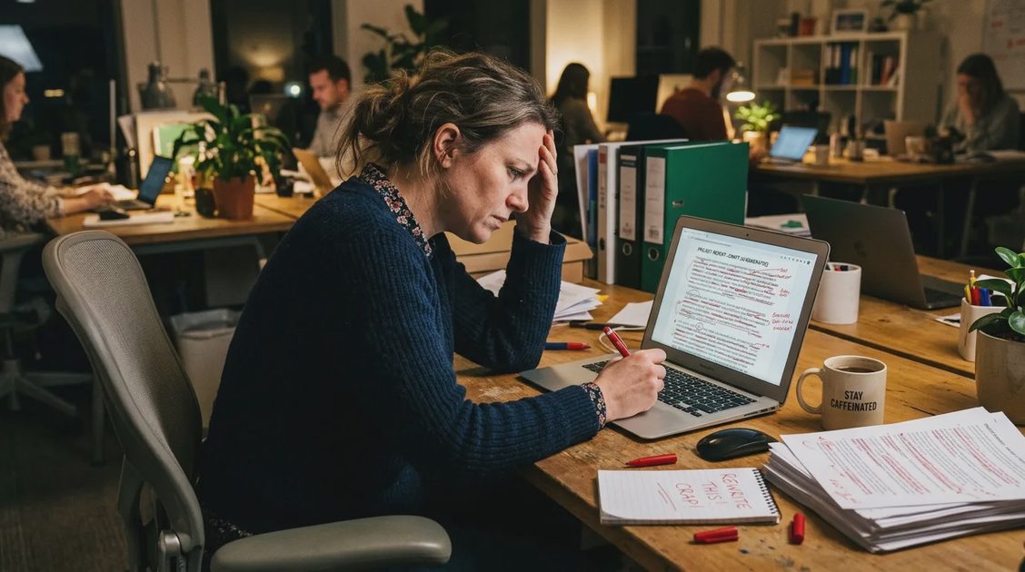 An office worker editing a long block of AI-generated text with a red pen on a laptop.