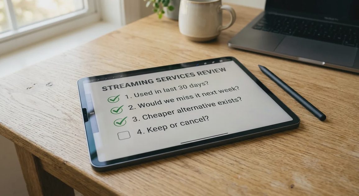 Three questions that decide what stays Household subscription audit checklist on a tablet