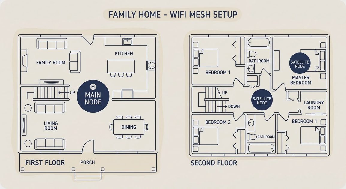 recommended mesh node placement in a typical two-story family home recommended mesh node placement in a typical two-story family home