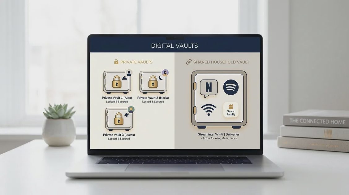 Private Vaults and Shared Household Spaces A laptop screen showing separate private vaults and a single shared household vault for family accounts.