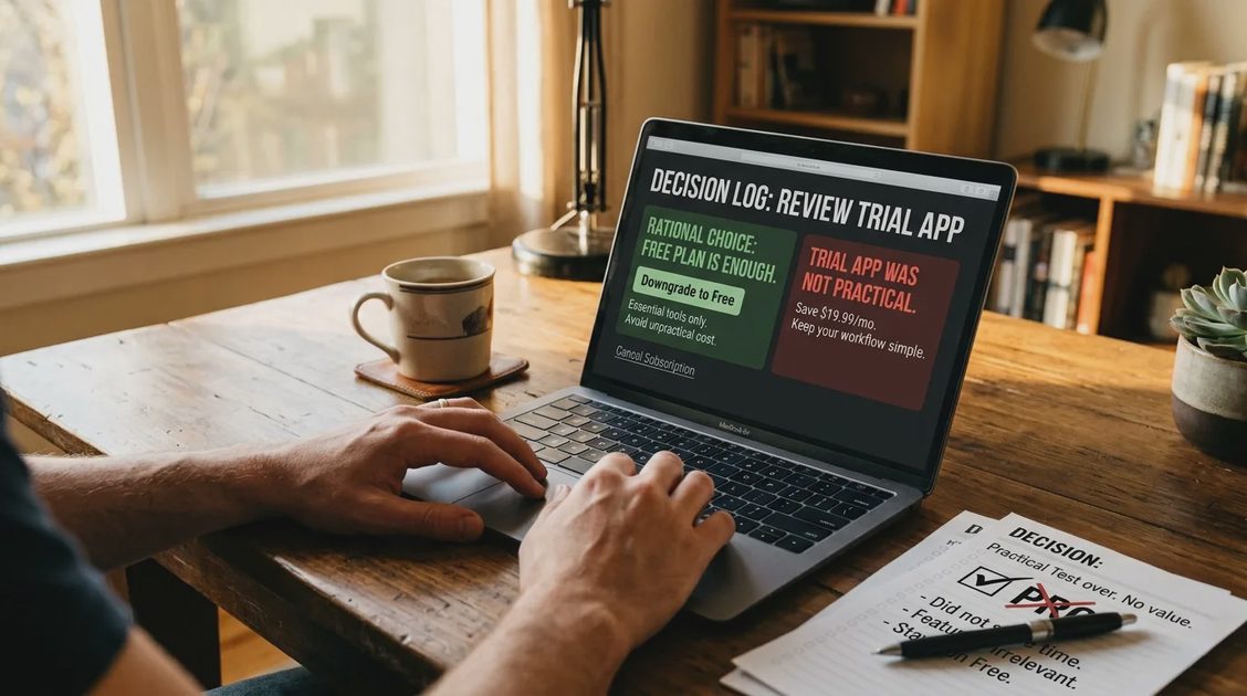 A Practical Way to Decide on Paid Productivity Apps A person's hands reviewing a software account setting on a laptop screen, representing the 30-day trial and cancellation decision process.