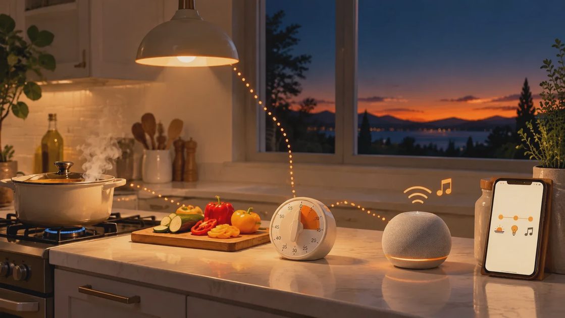A tidy evening kitchen where a lamp, a timer and a small speaker are linked by a dotted line, showing one everyday routine.