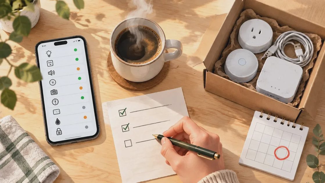 A Saturday-morning table with a phone listing devices by usage, a checklist, and a box of retired smart-home gadgets.