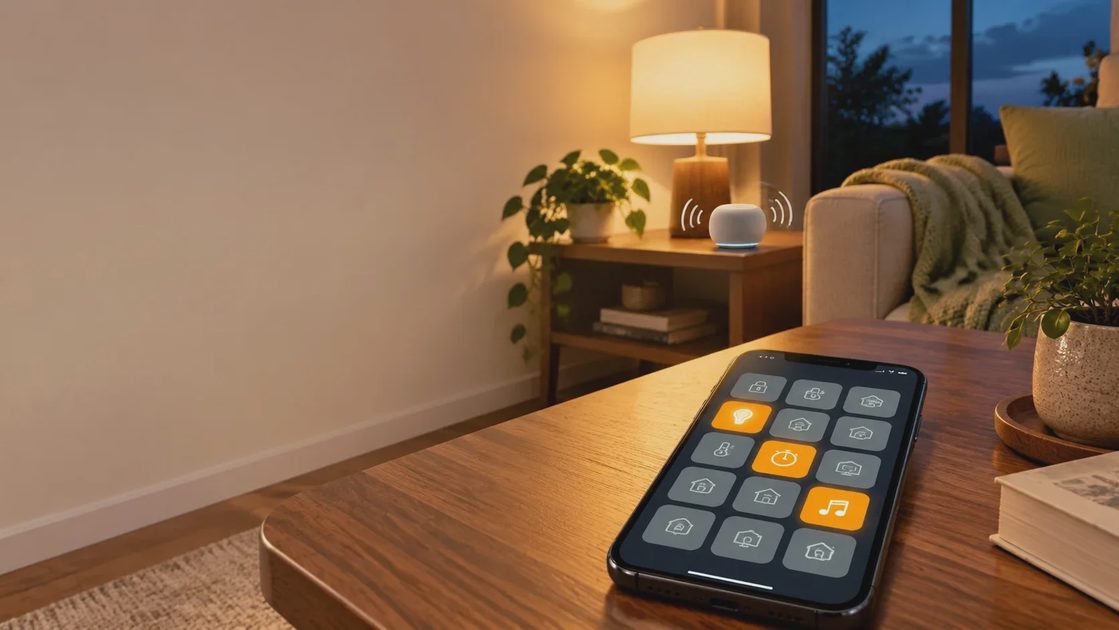A phone showing a grid of dimmed smart-home tiles with only three lit, in front of a living room where only a lamp and a speaker are in use.