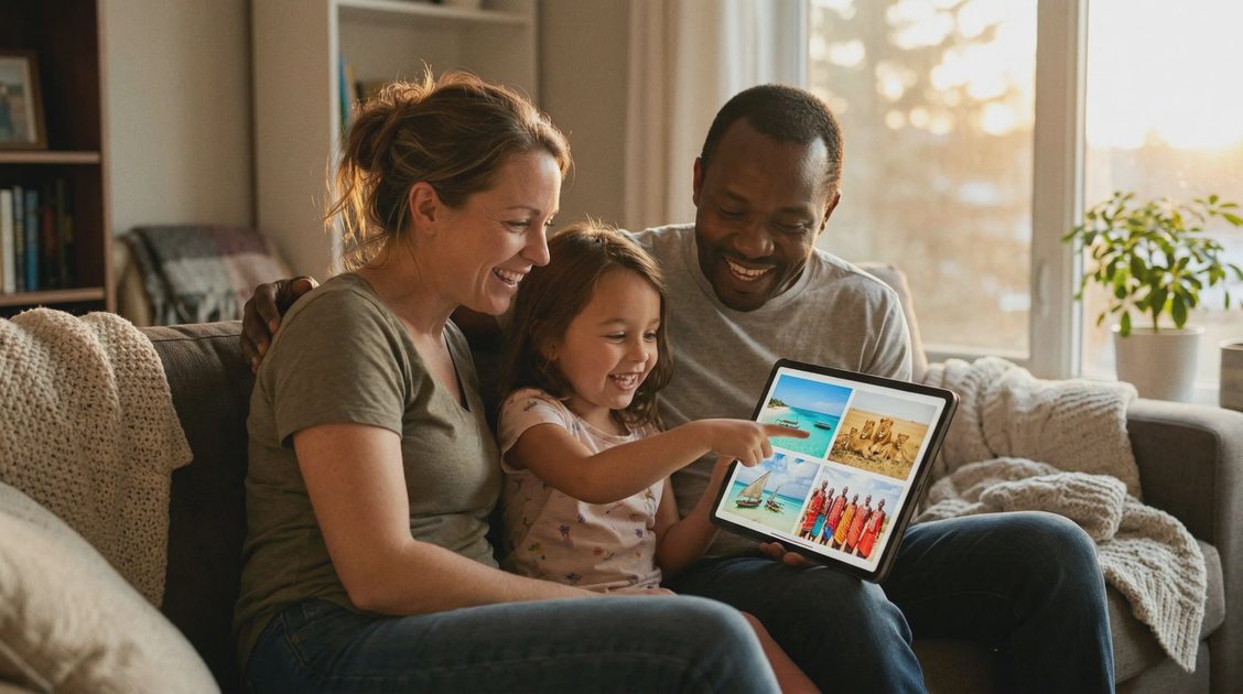 Family Photo Sharing and Backup Privacy Parent and child reviewing family photos on a tablet at home.