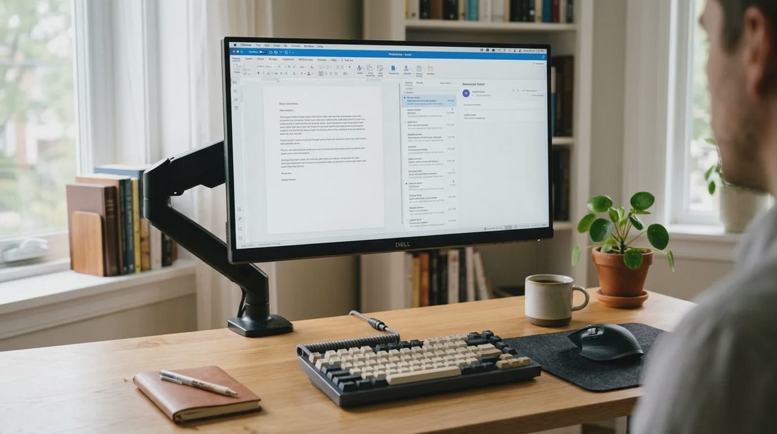 Comfortable Home Office Ergonomics Side view of a home office workstation showing monitor, keyboard, chair, and seated posture.