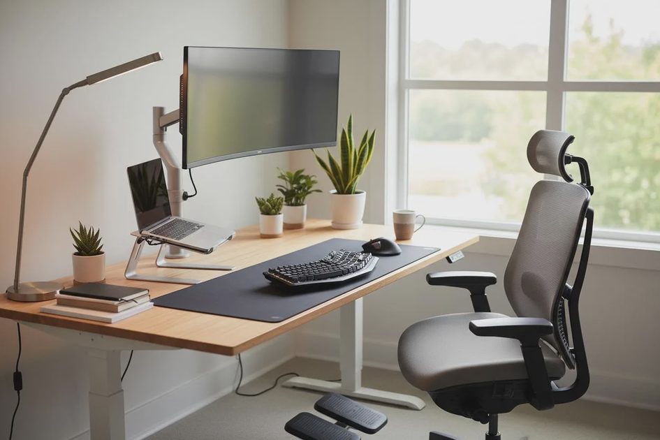 Comfortable and Practical Home Office Setup Comfortable home office setup with a laptop, external monitor, adjustable chair, and natural lighting.