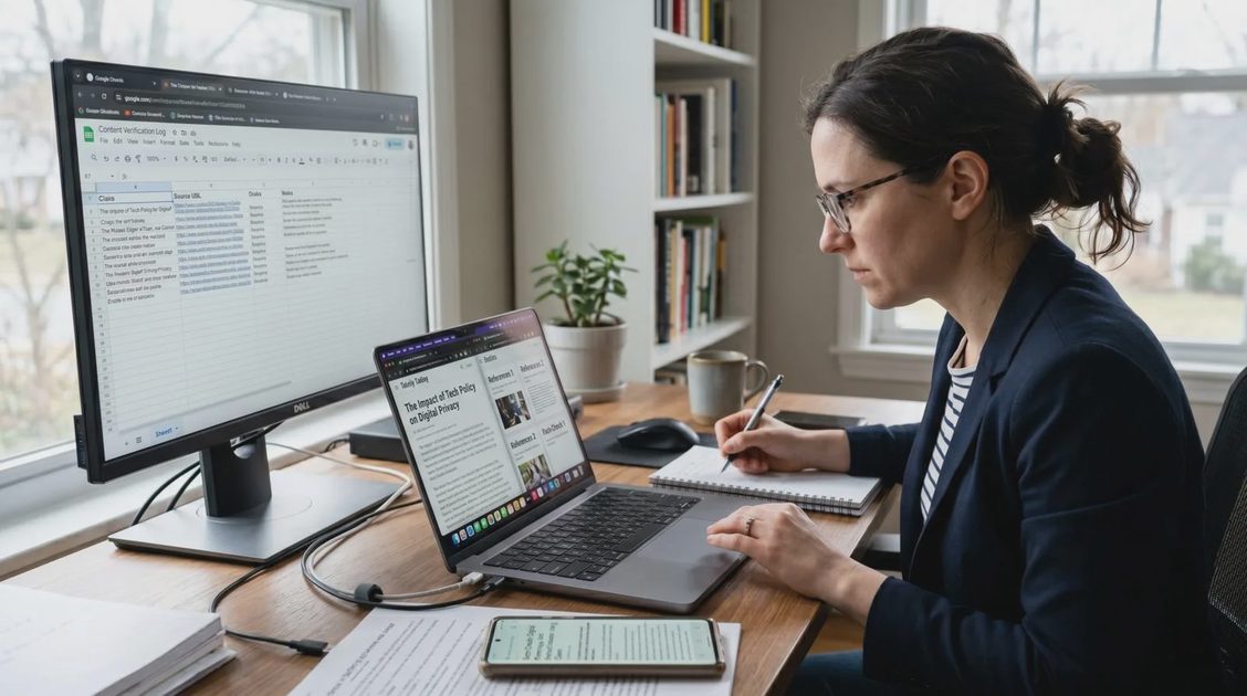 Checking AI Outputs Against Source Material Person comparing an AI-generated summary with a printed source document to verify important details.