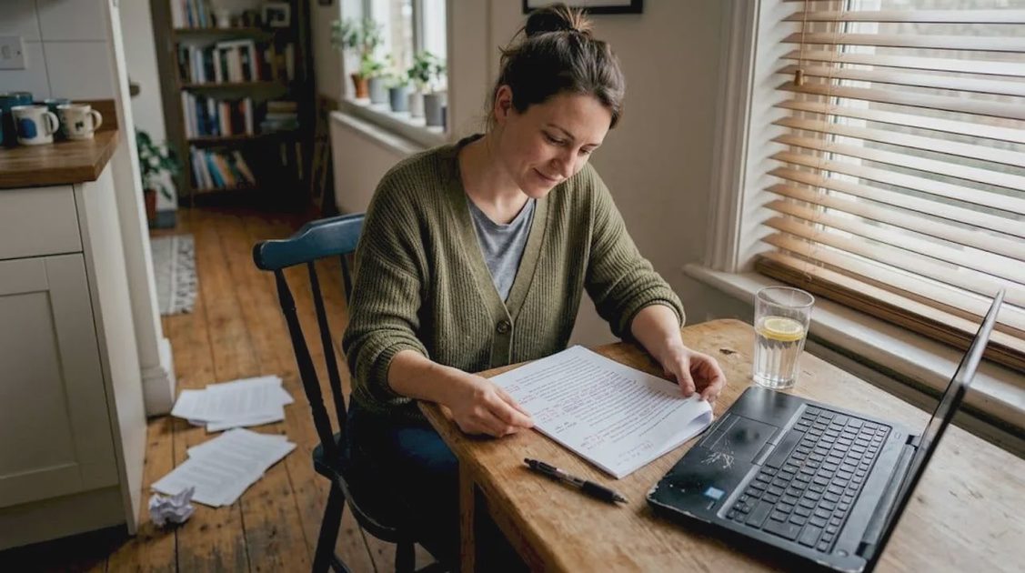 Professional reviewing an AI-assisted work document alongside handwritten notes.