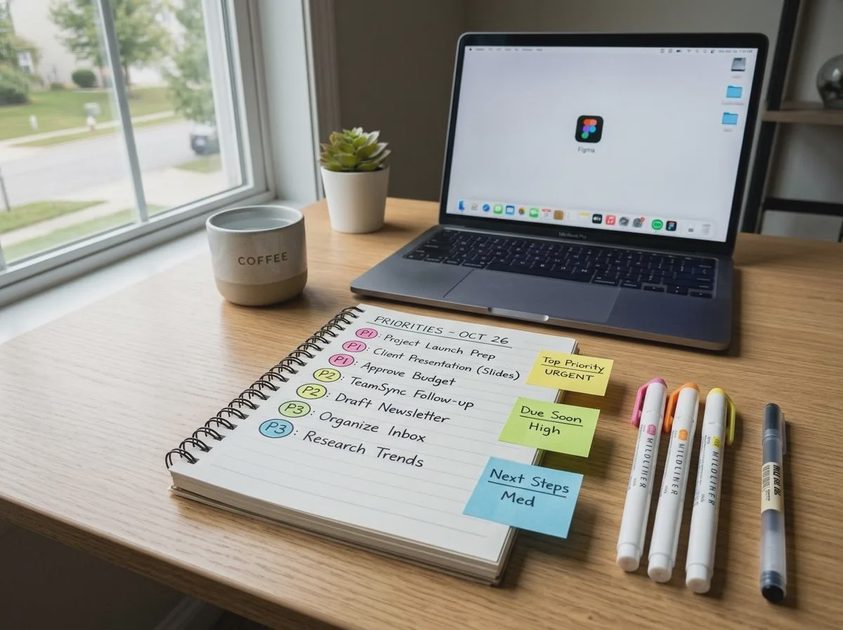 Person organizing handwritten meeting notes into a short action list beside a laptop.