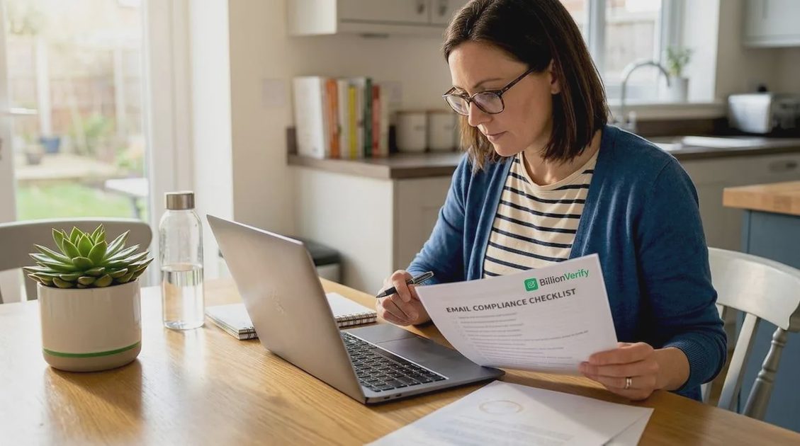 Human Approval Before AI-Assisted Actions Person reviewing a drafted business message and approval checklist before sending it.