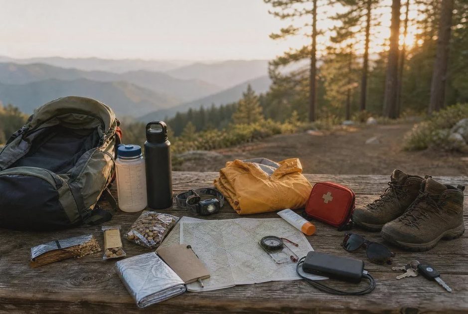 Offline Lessons for a Digital Declutter Hiking gear, coffee beans, woodworking tools, and a laptop arranged on a wooden table.