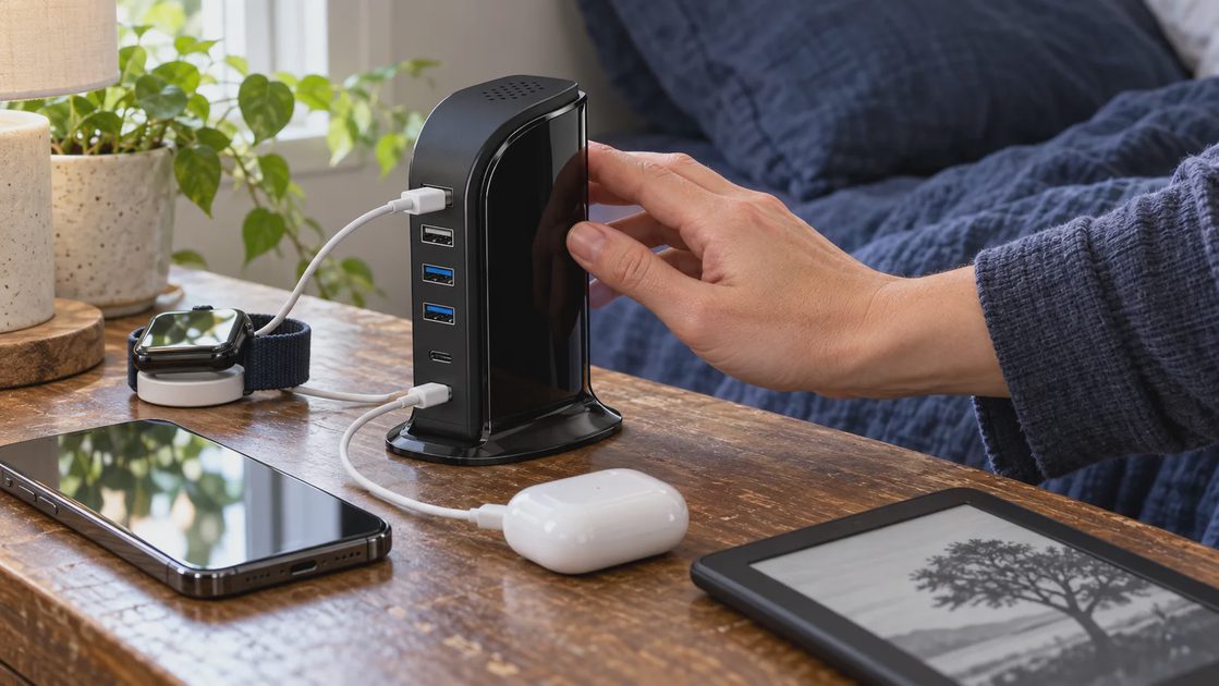 A hand touching the side of an Upoy USB charging station on a nightstand beside a smartwatch, earbuds, phone, and Kindle.