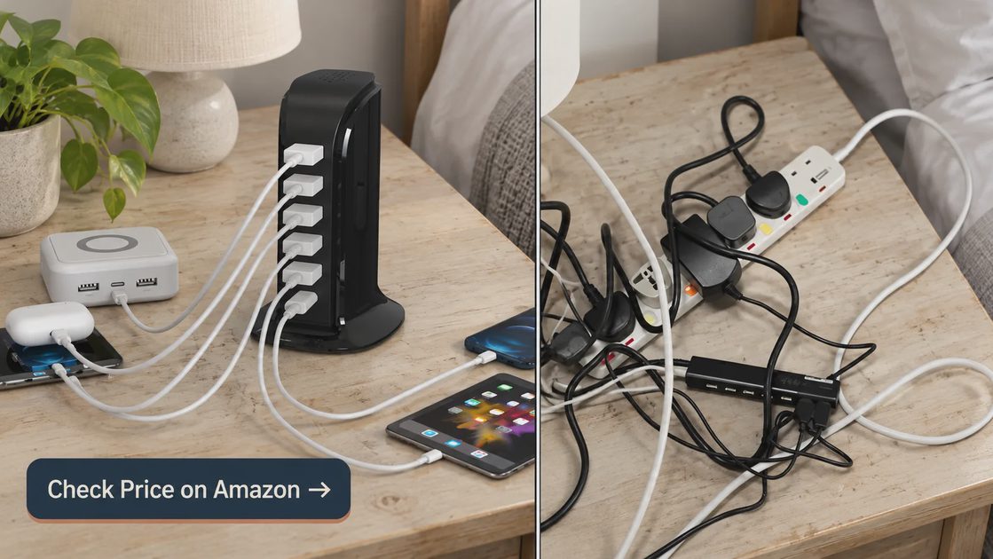 Upoy charging station for multiple devices charging phones, a tablet, earbuds, and a smartwatch, compared with a cluttered power strip.
