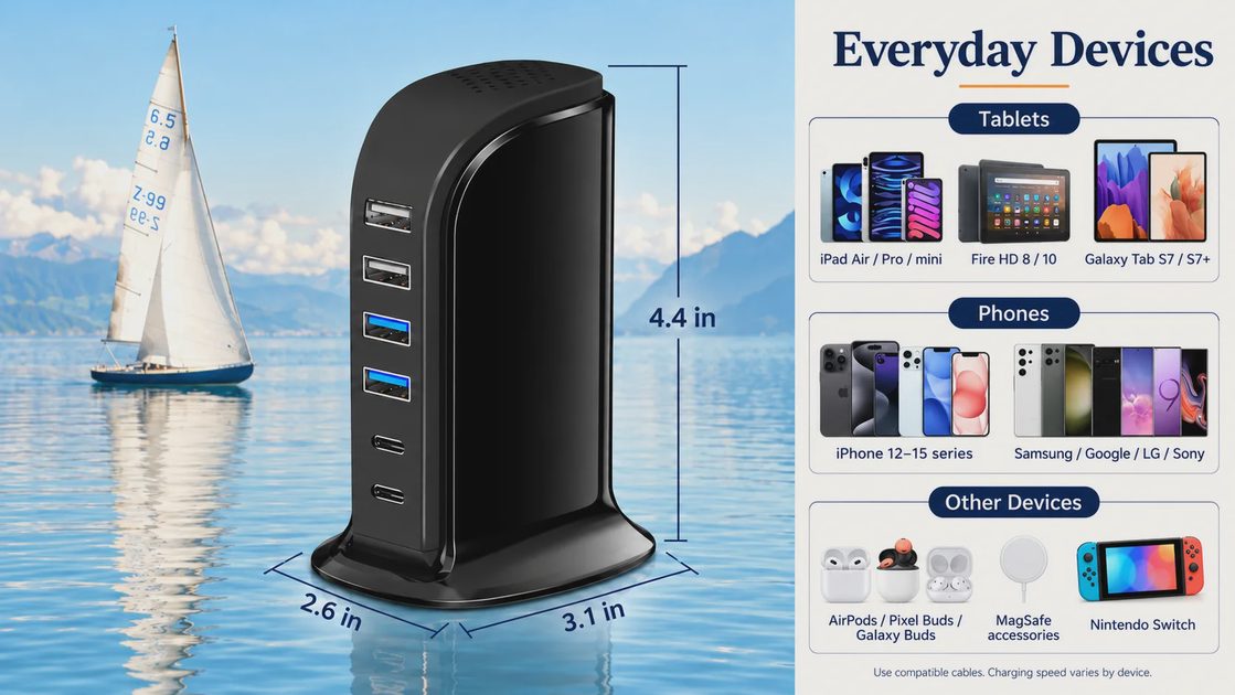 Upoy USB charging station with a sailboat background, 4.4-inch height and 3.1-by-2.6-inch base dimensions, alongside tablet, phone, earbud, and gaming device illustrations.