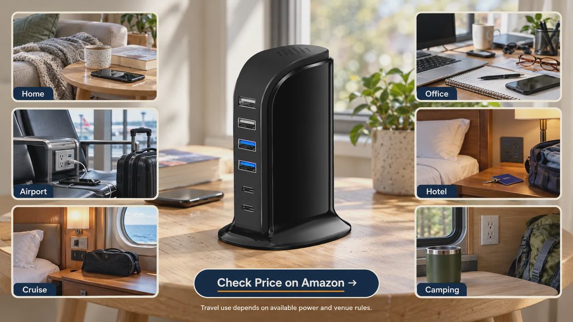 Upoy portable charging station surrounded by home, office, airport, hotel, cruise cabin, and powered camping scenes, with a “Check Price on Amazon” button.