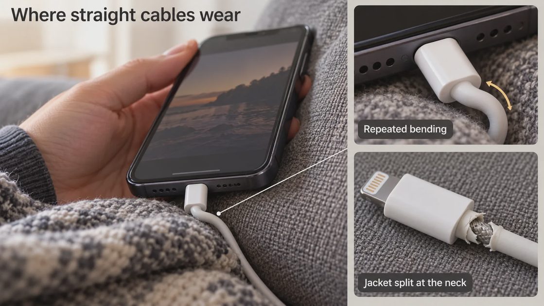 How Repeated Bending Can Damage a Straight Lightning Cable A straight Lightning cable bent against a sofa blanket, with close-ups showing bending near the connector and a split jacket exposing silver shielding.