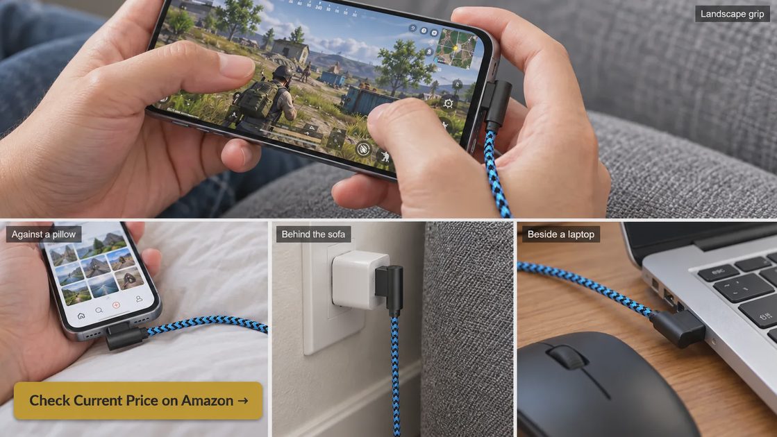 90-Degree Cable Routing in Everyday Use Four everyday scenes showing a blue-and-black braided right-angle cable routing beside a hand, along a pillow, behind a sofa, and alongside a laptop.